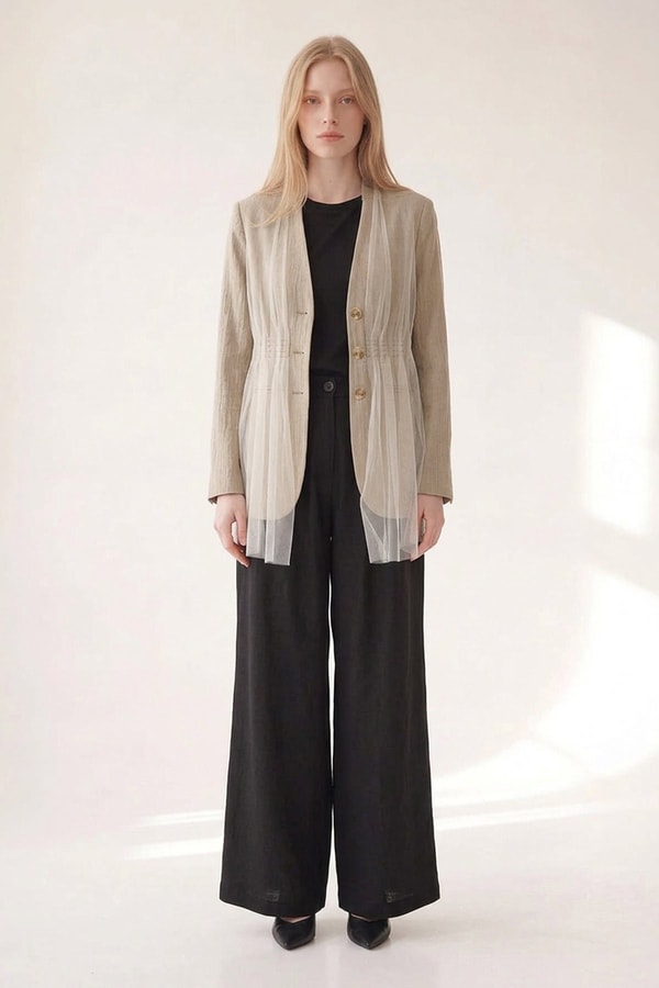 LevidorHaki Tül Detaylı Blazer Ceket
