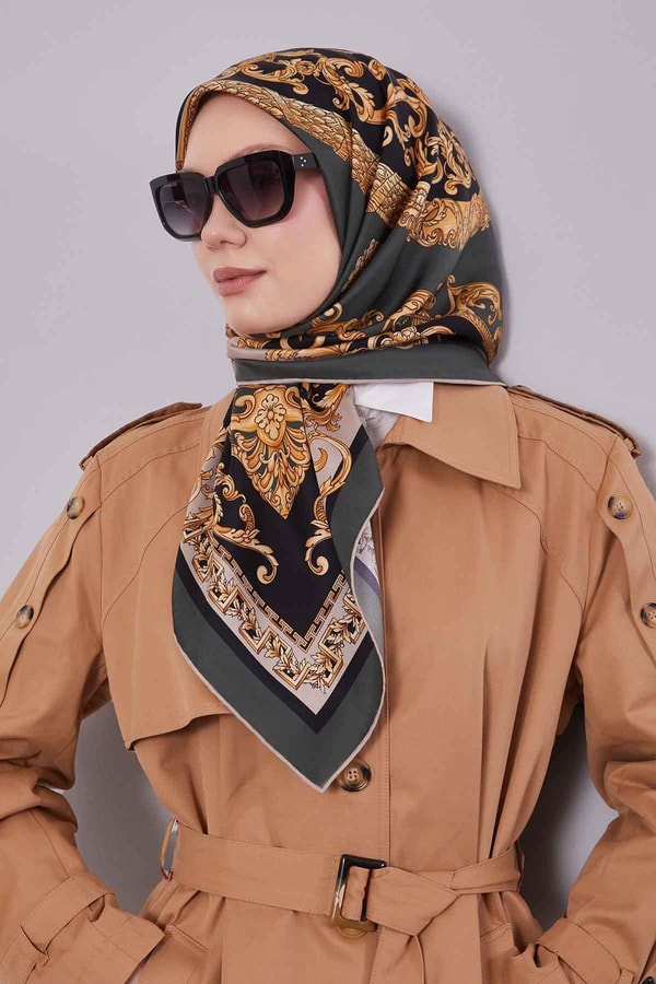 LevidorHaki Varak Desen Twill İpek Eşarp