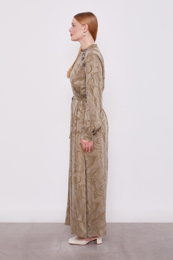 LevidorHaki Yakası Taş Detaylı Cupra Elbise