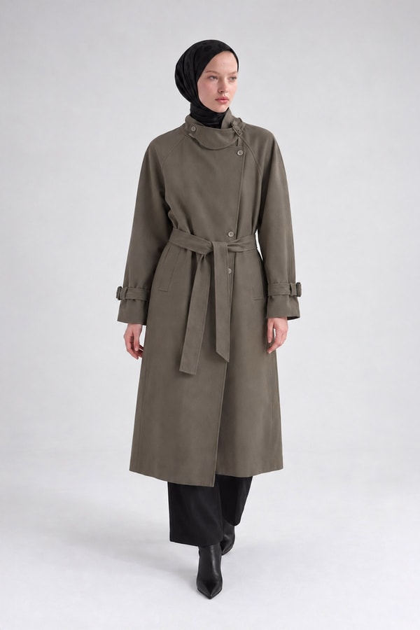 LevidorHakim Yaka Uzun Trençkot Koyu Yeşil
