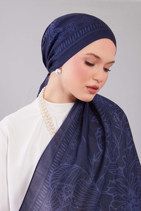 Levidorİndigo Çiçek Desenli Yün İpek Şal