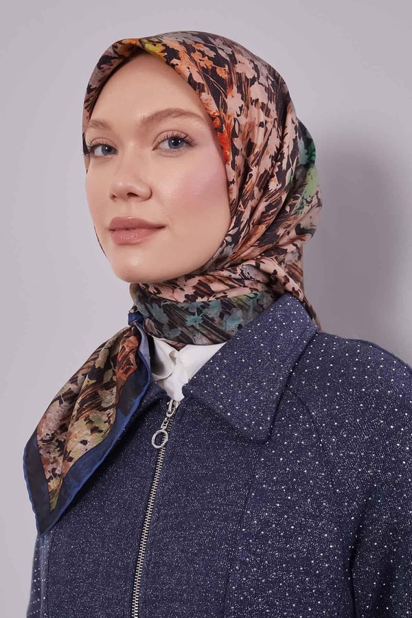 Levidorİndigo Çiçekli Soyut Desen Twill İpek Eşarp