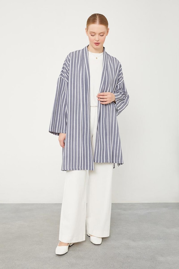 Levidorİndigo Çizgili Desen Kimono Takım