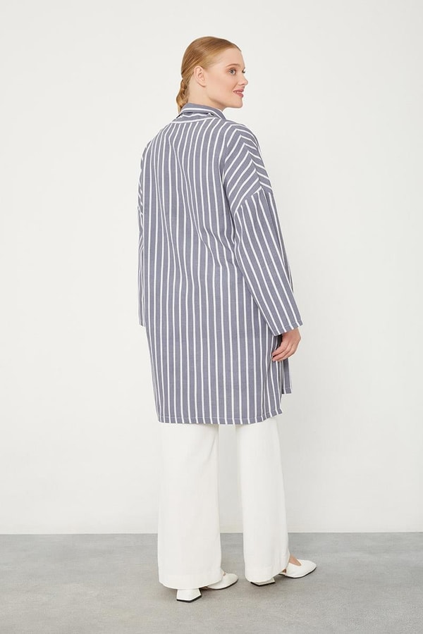 Levidorİndigo Çizgili Desen Kimono Takım