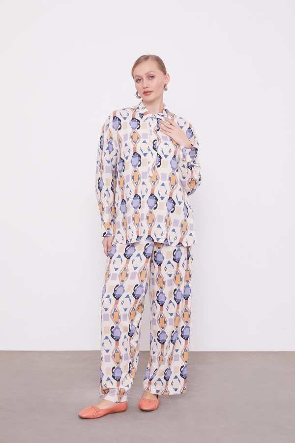 Levidorİndigo Desenli Kimono İkili Takım