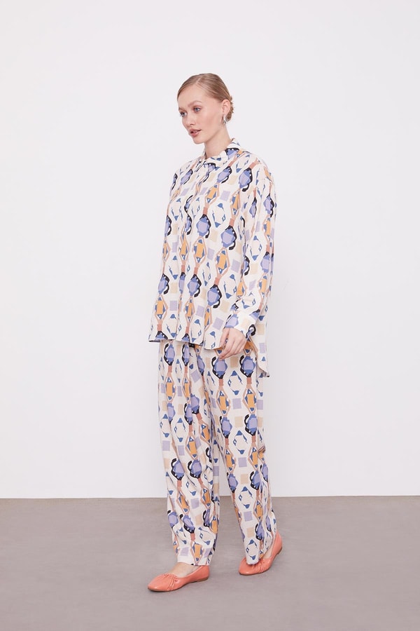 Levidorİndigo Desenli Kimono İkili Takım