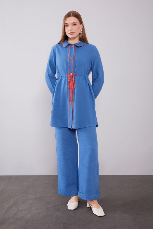 Levidorİndigo Düğmeli Bel Bağlama Detaylı İkili Takım