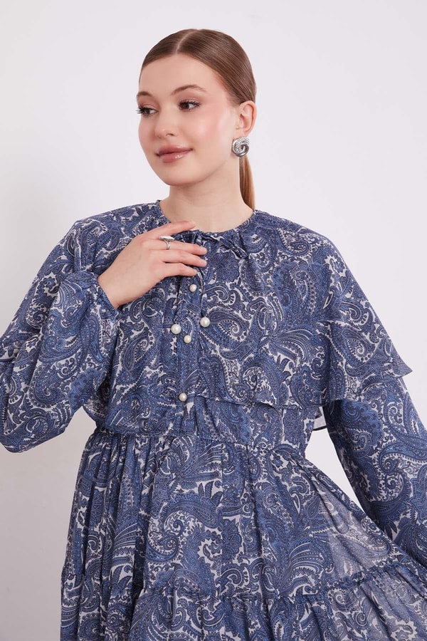 Levidorİndigo Etnik Desenli Şifon Elbise