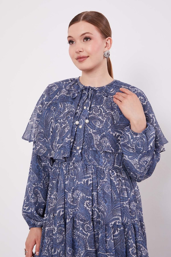 Levidorİndigo Etnik Desenli Şifon Elbise