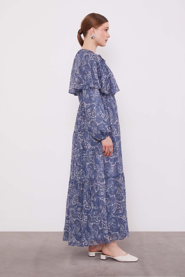 Levidorİndigo Etnik Desenli Şifon Elbise
