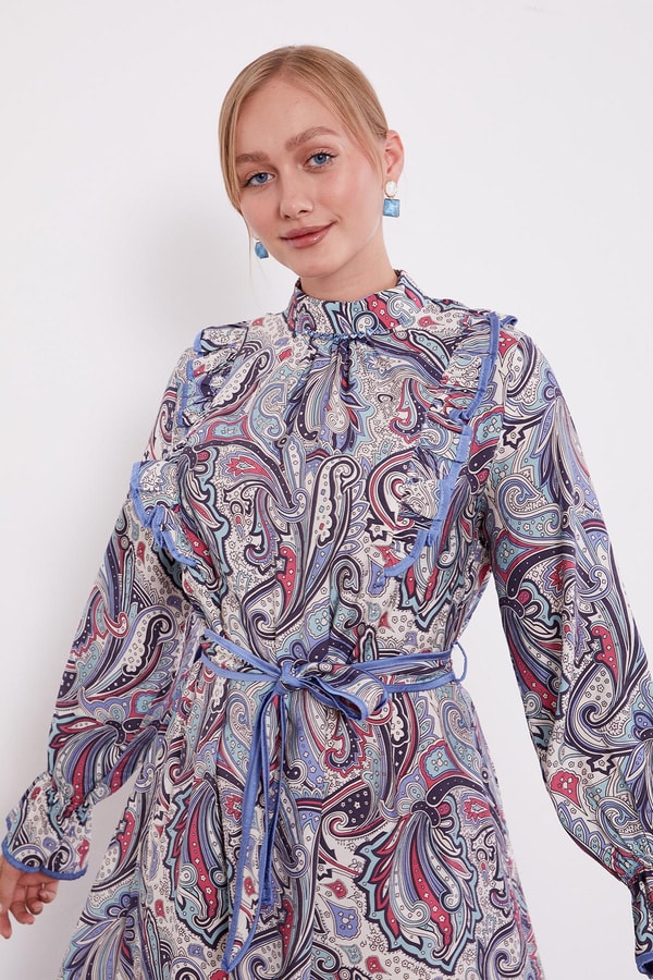 Levidorİndigo Fırfırlı Etnik Desen Elbise