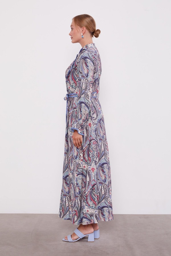 Levidorİndigo Fırfırlı Etnik Desen Elbise