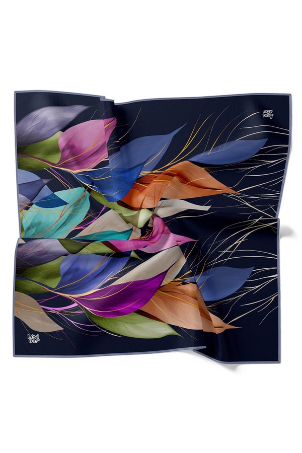 Levidorİndigo İnce Yaprak Desen Twill İpek Eşarp