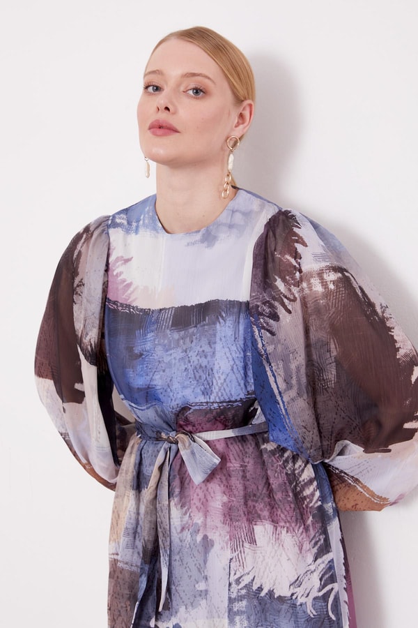 Levidorİndigo Karışık Fırça Desen Şifon Tunik