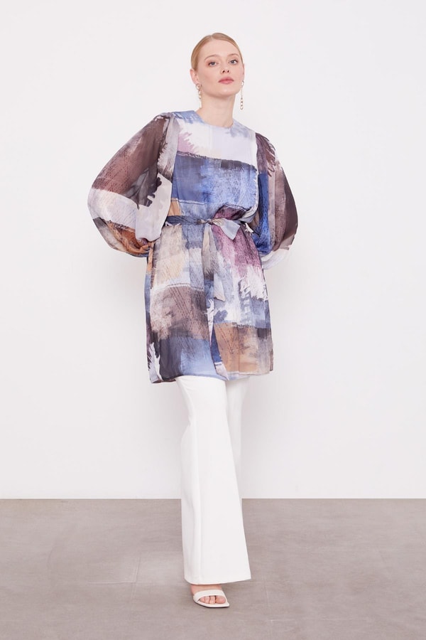 Levidorİndigo Karışık Fırça Desen Şifon Tunik