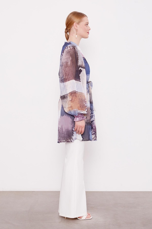 Levidorİndigo Karışık Fırça Desen Şifon Tunik