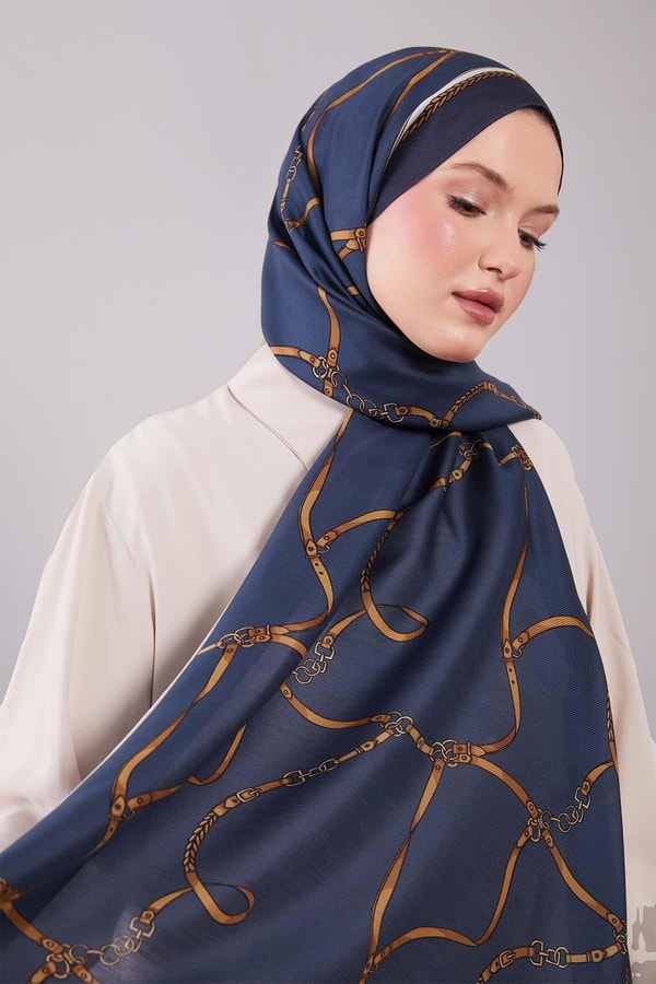 Levidorİndigo Kemer Desenli Yün İpek Şal