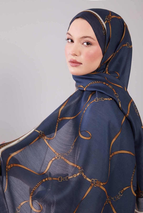 Levidorİndigo Kemer Desenli Yün İpek Şal