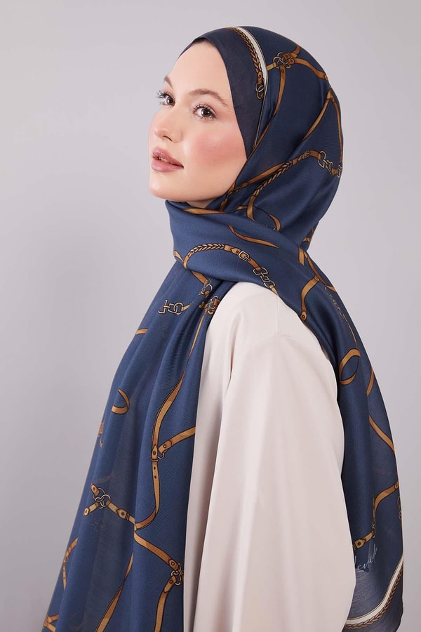 Levidorİndigo Kemer Desenli Yün İpek Şal