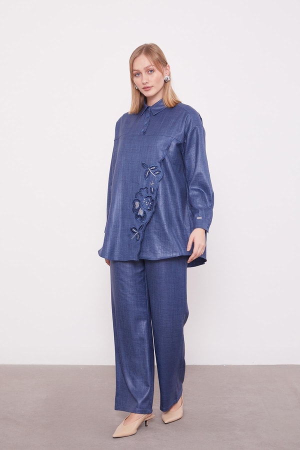 Levidorİndigo Nakış Gül Detaylı Tunik Takım