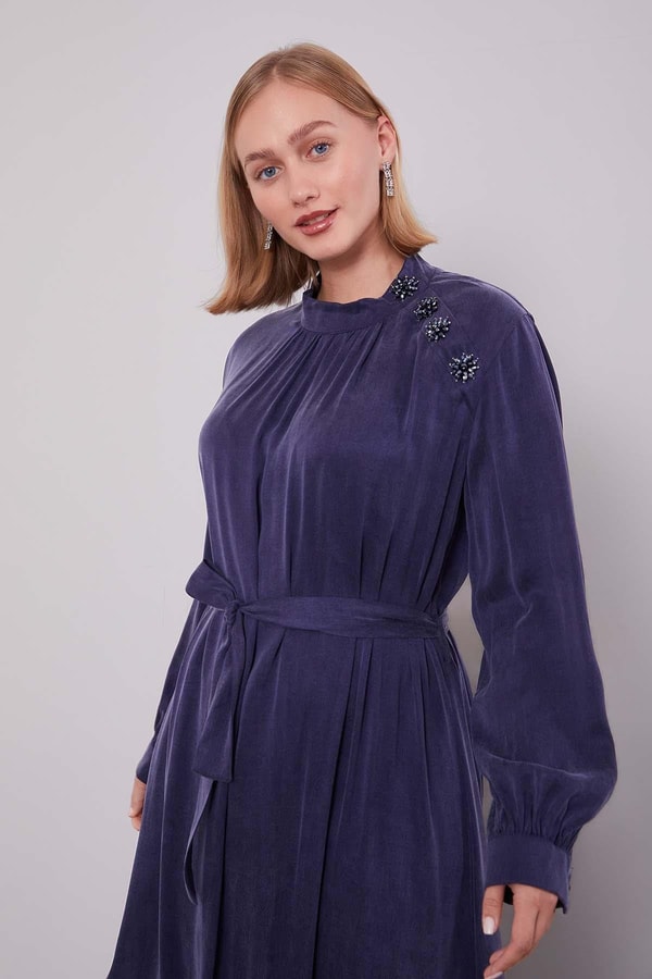 Levidorİndigo Omuz Taş Çiçek Detaylı Cupra Elbise