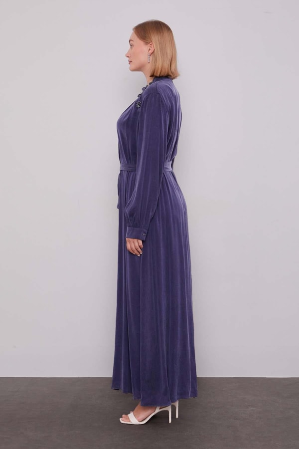 Levidorİndigo Omuz Taş Çiçek Detaylı Cupra Elbise