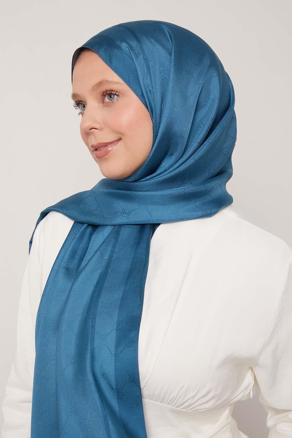 Levidorİndigo Şerit Detay Monogram İpek Şal