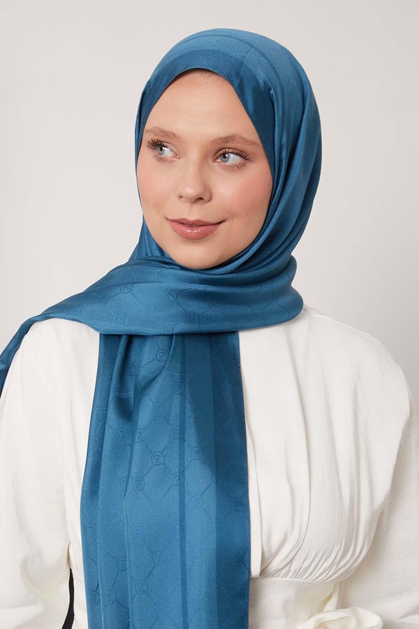 Levidorİndigo Şerit Detay Monogram İpek Şal
