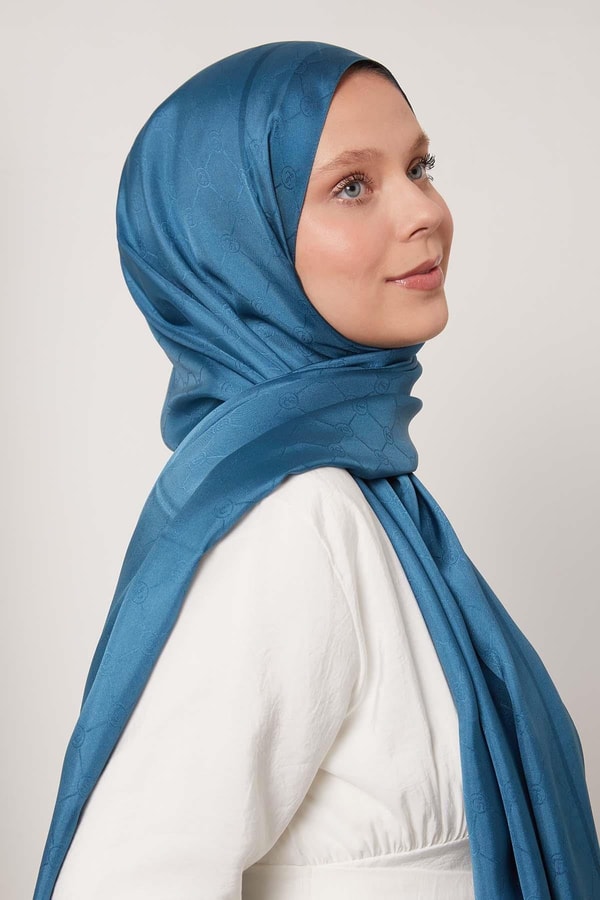 Levidorİndigo Şerit Detay Monogram İpek Şal