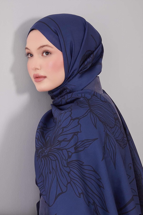Levidorİndigo Sümbül Çiçek Desen Yün İpek Şal