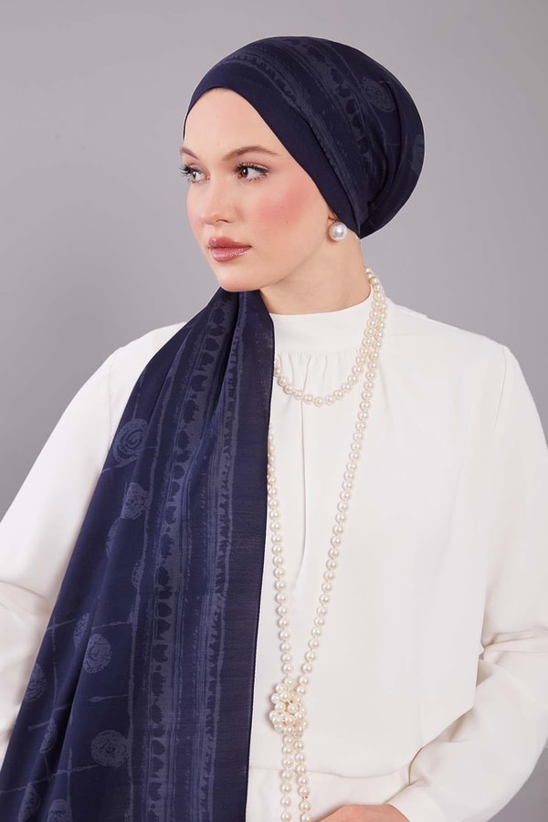 Levidorİndigo Yuvarlak Desenli Yün İpek Şal