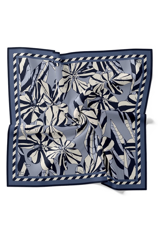 Levidorİndigo Zambak Desen Twill İpek Eşarp