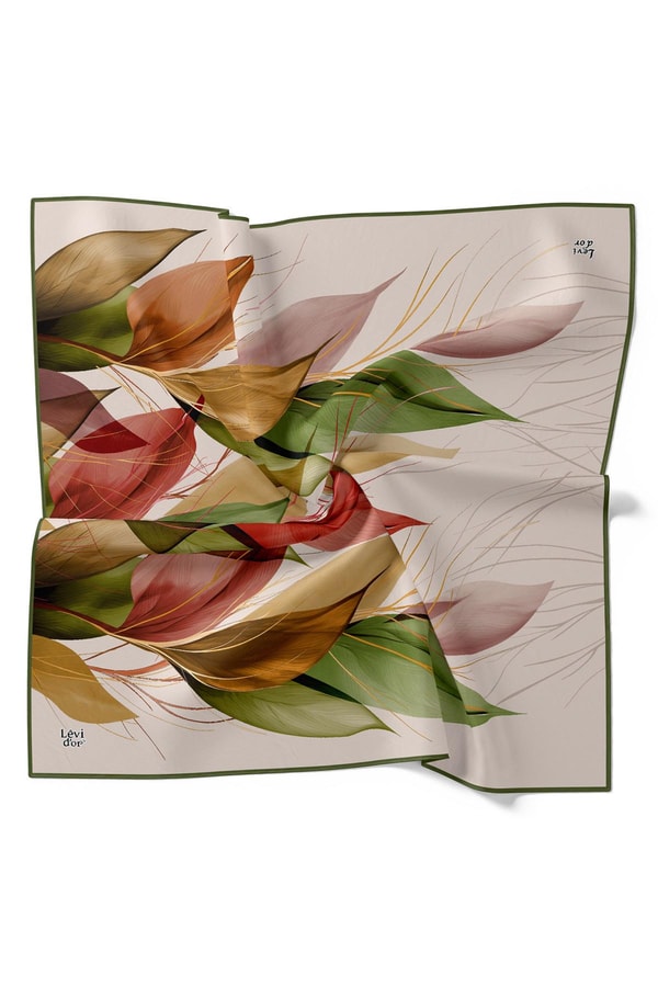 LevidorK.Yeşil İnce Yaprak Desen Twill İpek Eşarp