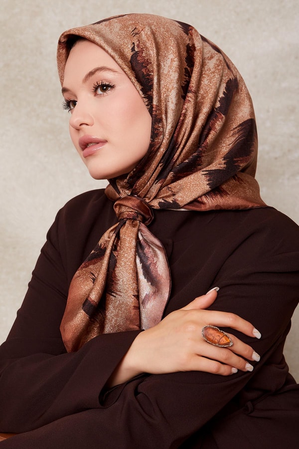 LevidorK.Kahve Zigzag Spor Desen Twill İpek Eşarp