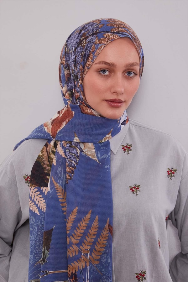 LevidorK.Mavi Yaprak Desen Pamuk Şal