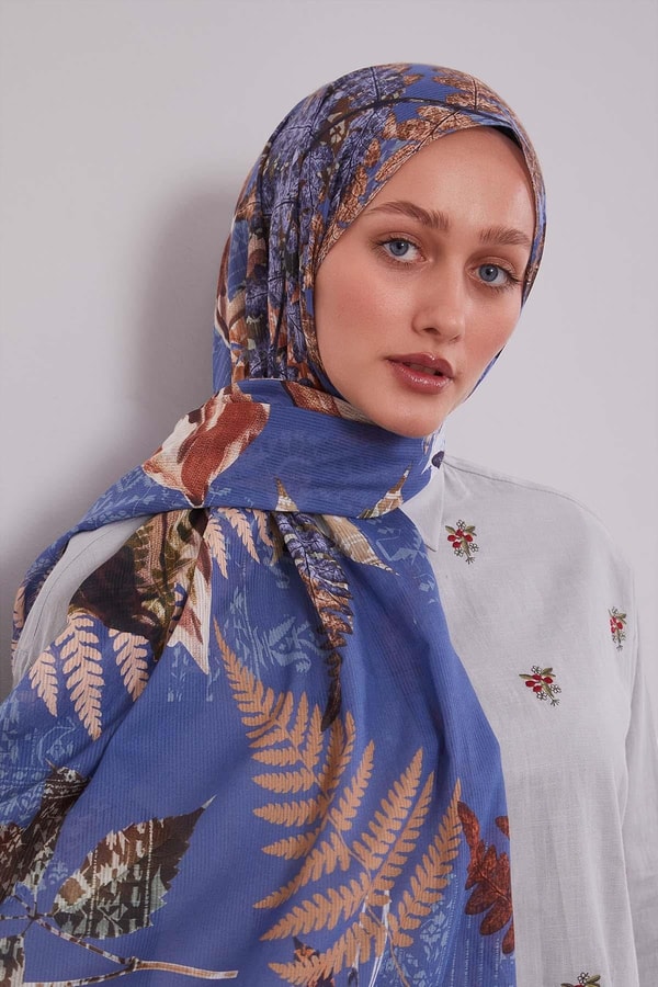 LevidorK.Mavi Yaprak Desen Pamuk Şal