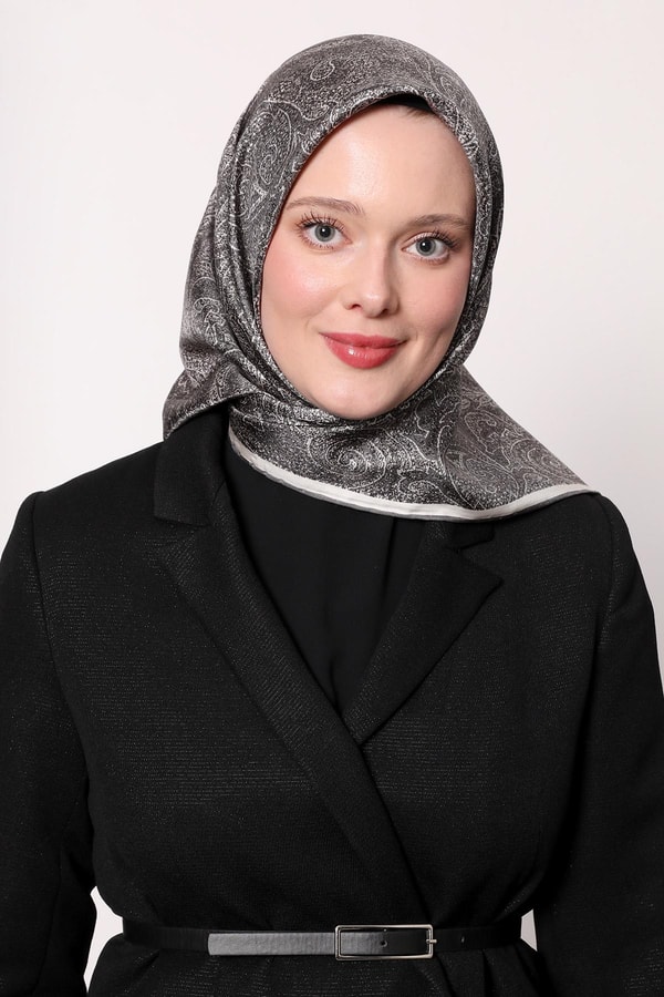 LevidorK.Gri Soyut Etnik Desen Twill İpek Eşarp