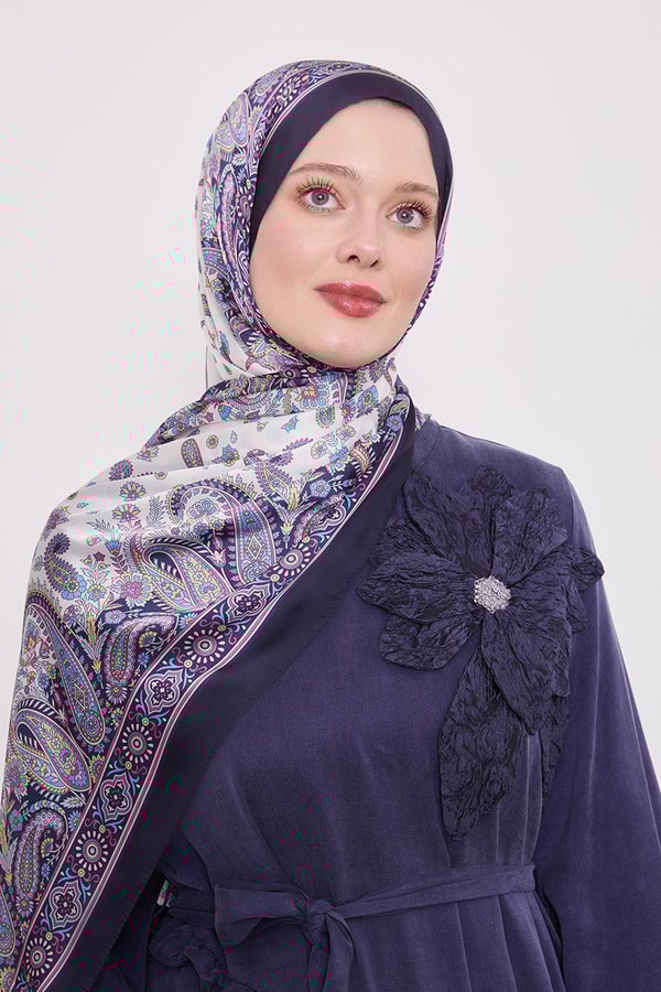 LevidorK.Lacivert Karma Çiçek Hint İpeği Şal