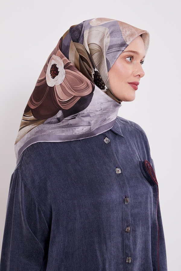 LevidorK.Gri Menekşe Desen Twill İpek Eşarp