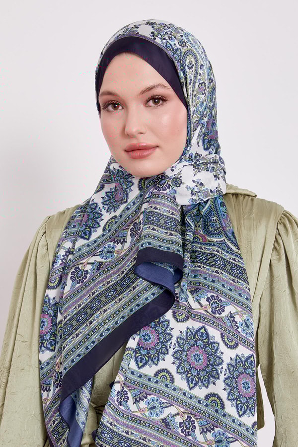 LevidorK.Lacivert Sarmal Desen Hint İpeği Şal