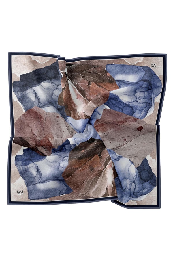 LevidorK.Lacivert Ebruli Desen Twill İpek Eşarp