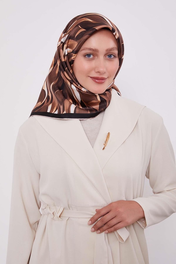 LevidorK.Kahve Ebruli Desen Twill İpek Eşarp