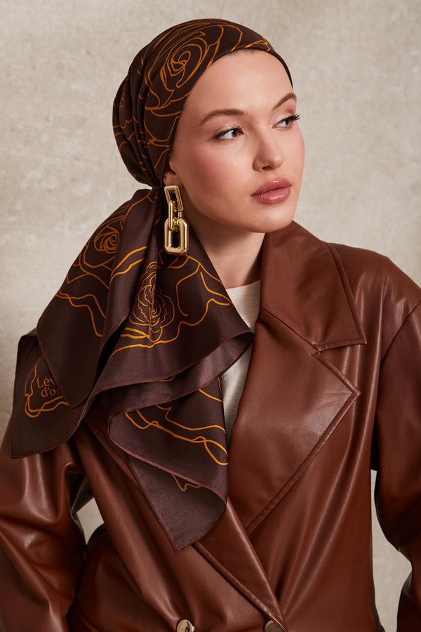 LevidorK.Kahve Gül Desen Twill İpek Eşarp