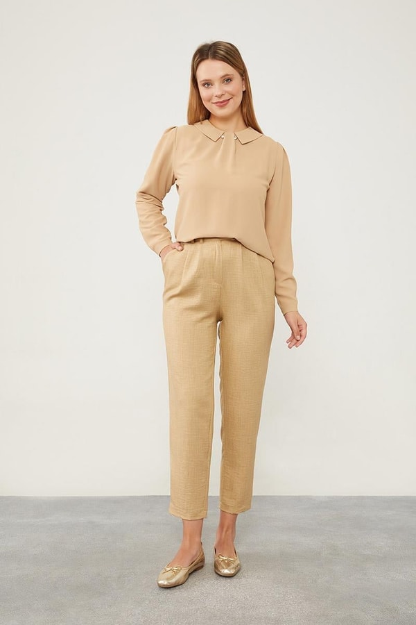 LevidorK.Bej Keten Kumaş Havuç Pantolon