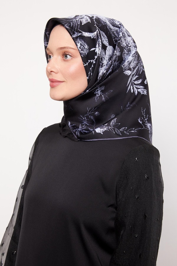 LevidorK.Lacivert Soyut Gül Desen Twill İpek Eşarp