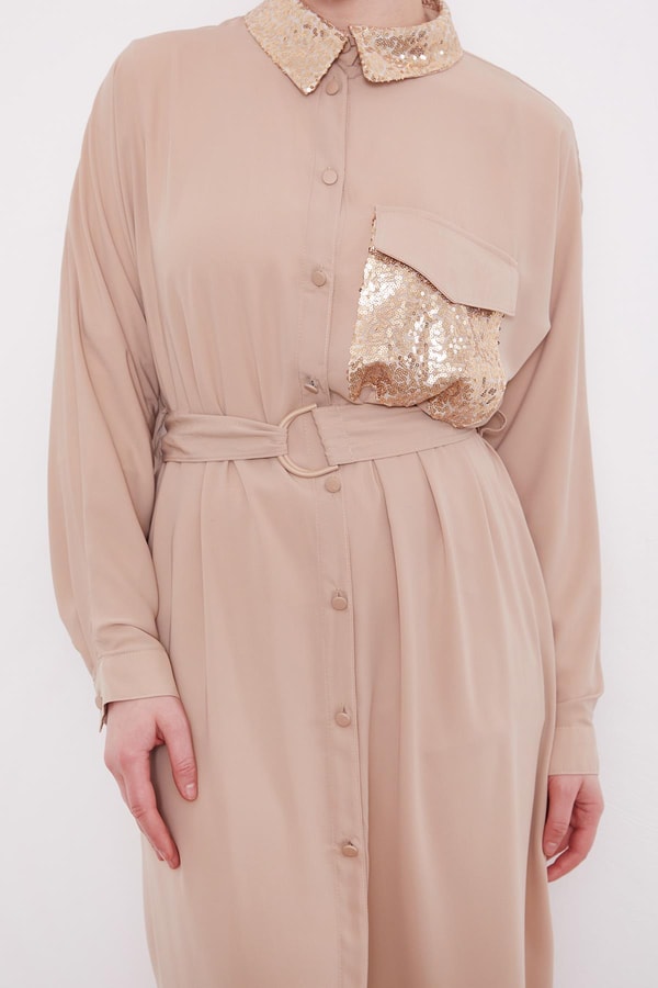 LevidorK.Bej Cep Ve Yaka Payet Detaylı Tunik