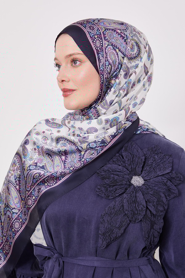 LevidorK.Lacivert Karma Çiçek Hint İpeği Şal