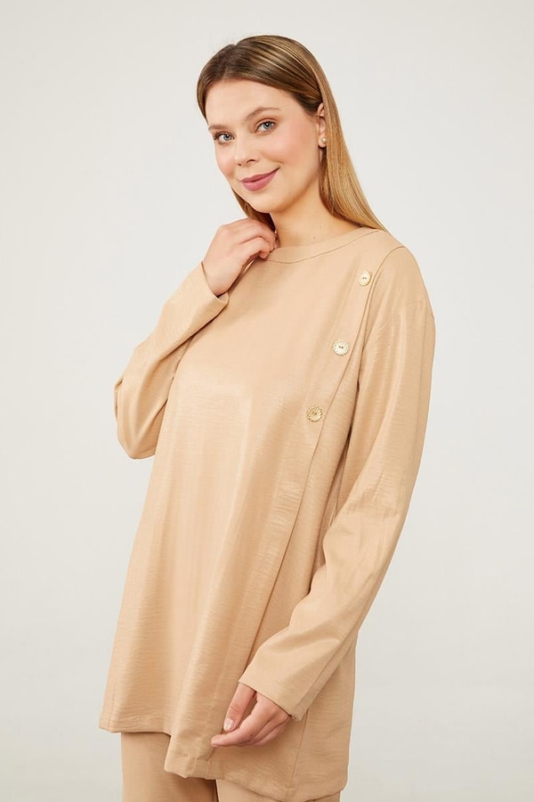 LevidorK.Bej Düğme Detaylı Bisiklet Yaka İkili Takım