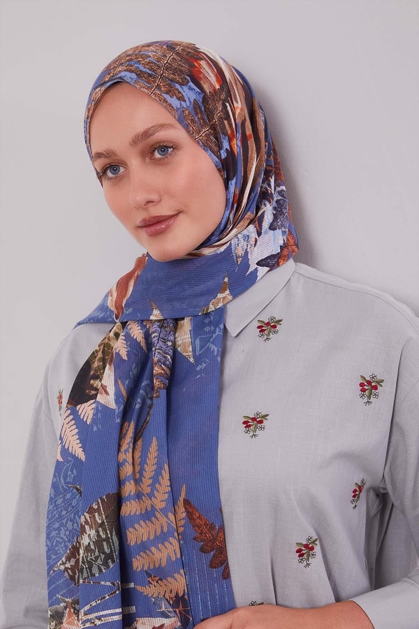 LevidorK.Mavi Yaprak Desen Pamuk Şal