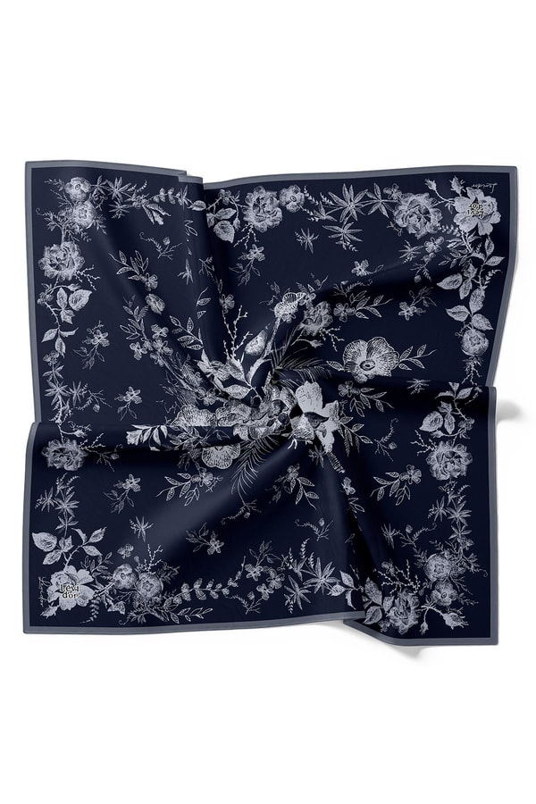 LevidorK.Lacivert Soyut Gül Desen Twill İpek Eşarp